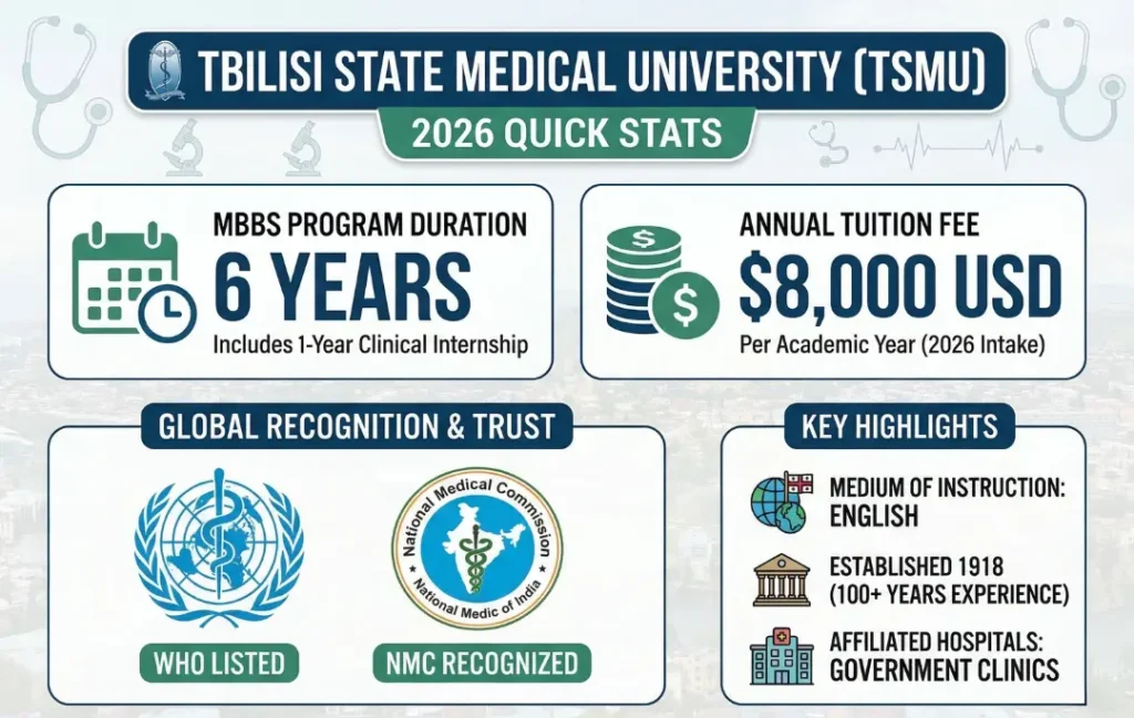 infographic summarizing the 2026 quick stats of TSMU, including the $8,000 tuition fee, 6-year duration, and WHO/NMC logos for trust.