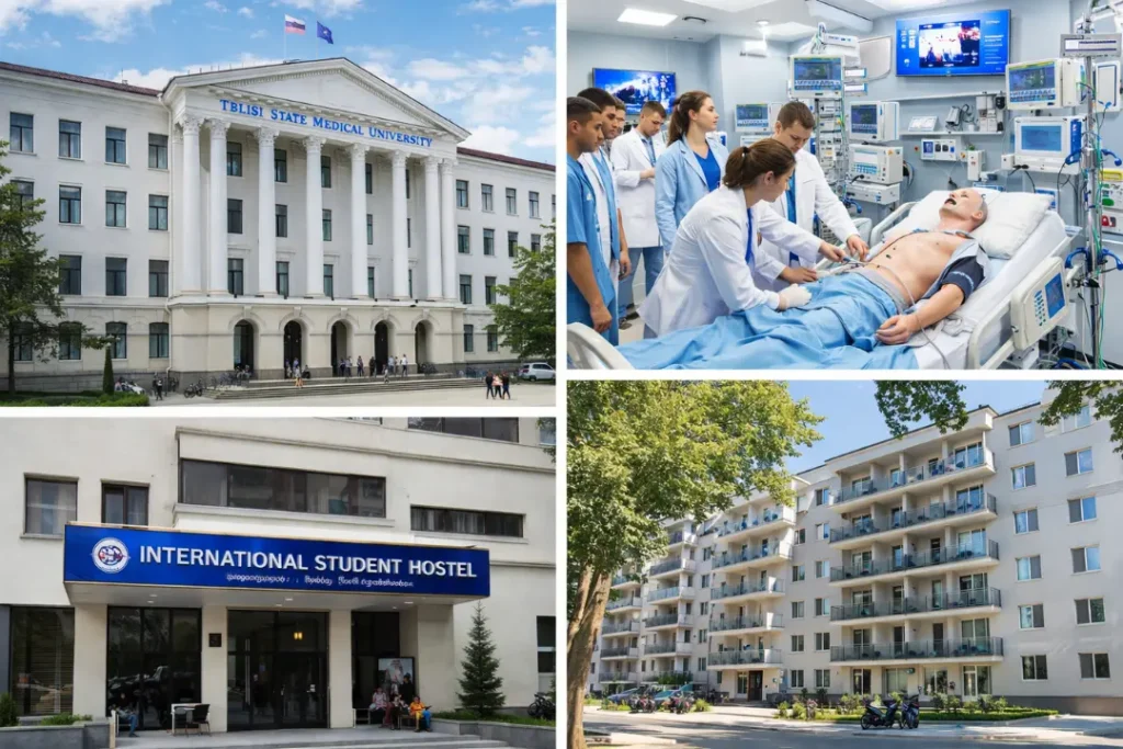 A collage of Tbilisi State Medical University photos showing the main academic building, the high-tech simulation lab, and the exterior of the international student hostel.