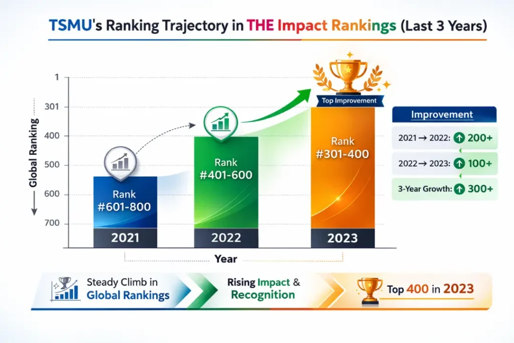 A comparative bar chart showing TSMU's ranking trajectory in the THE Impact Rankings over the last 3 years.