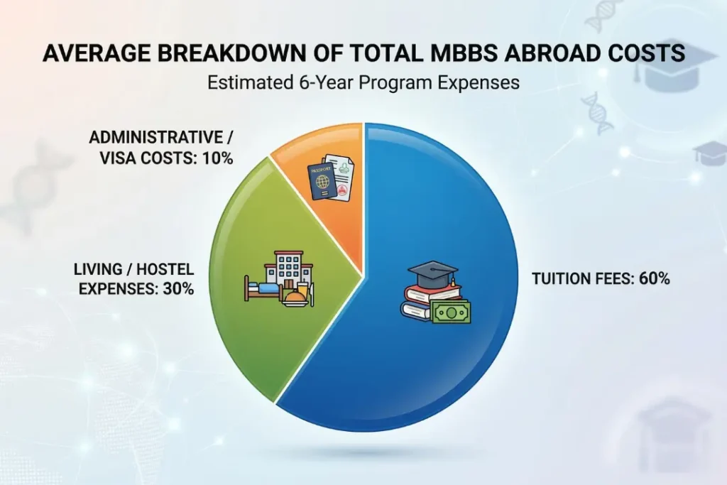 A pie chart showing the average breakdown of total MBBS abroad costs: 60% Tuition, 30% Living/Hostel, 10% Administrative/Visa