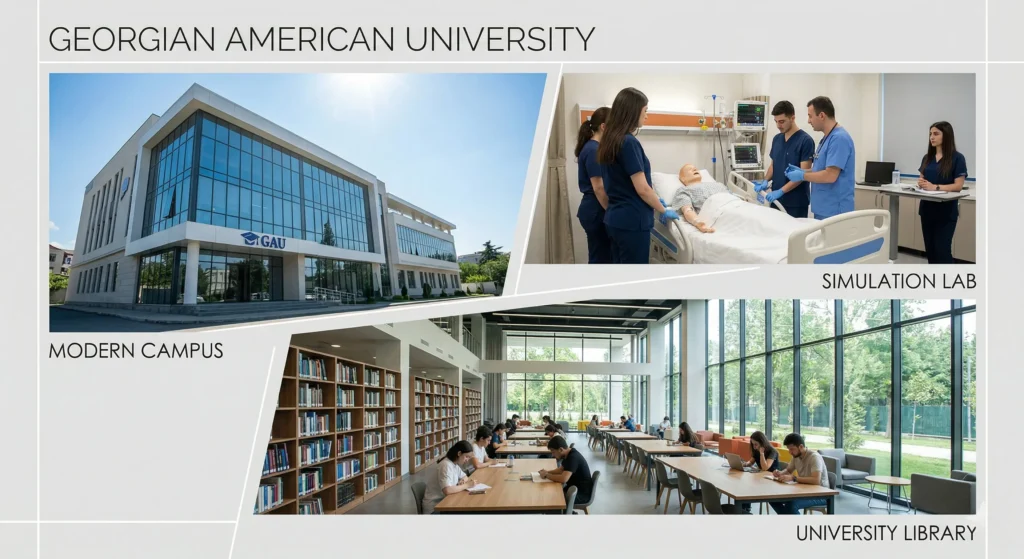 Collage of Georgian American University photos showing the modern glass exterior, a simulation lab in action, and the library