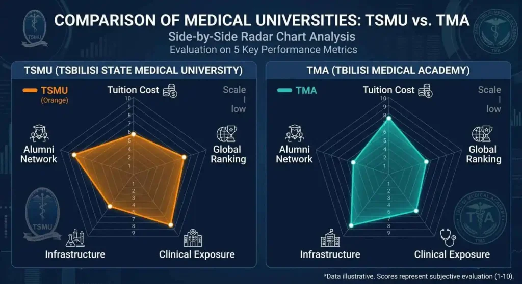 A side-by-side radar chart comparing TSMU and TMA on 5 axes: Tuition Cost, Global Ranking, Clinical Exposure, Infrastructure, and Alumni Network.