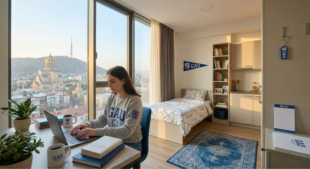 A well-lit, modern dorm room or student apartment in Tbilisi overlooking the city