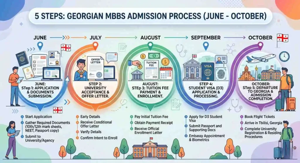 timelinefromJunetoOctoberdetailingthe5stepsoftheGeorgianMBBSadmissionproces