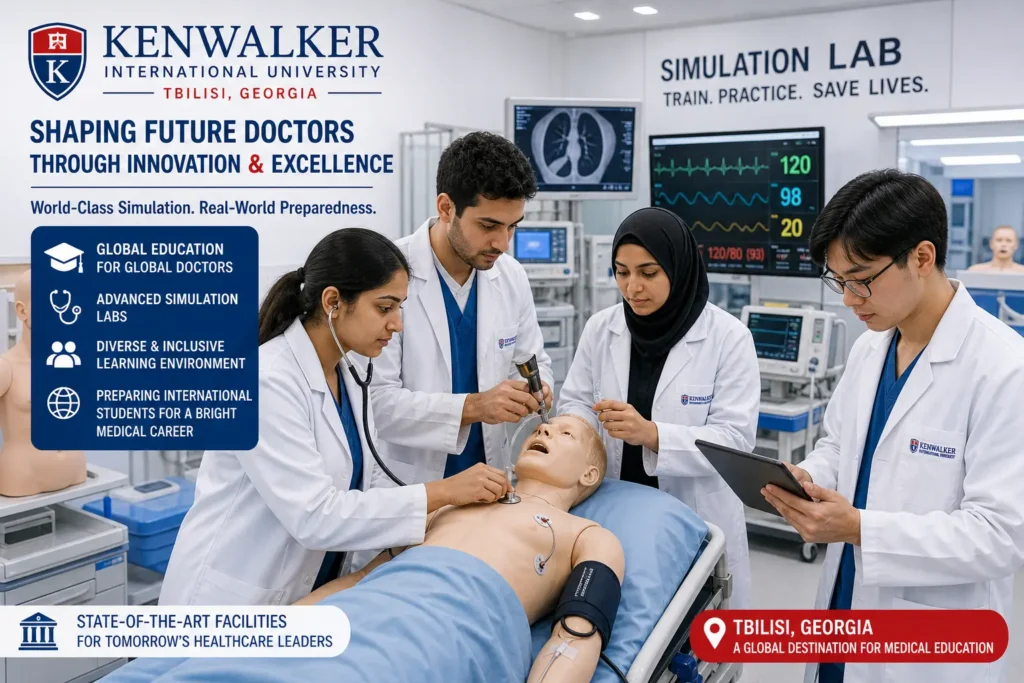 International medical students utilizing state-of-the-art simulation equipment at Kenwalker International University in Tbilisi.
