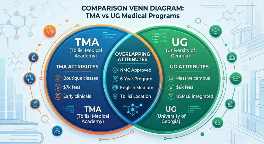A Venn diagram comparing TMA and UG. Overlapping center: NMC Approved, 6-Year Program, English Medium, Tbilisi Location. TMA side: Boutique classes, $7k fees, early clinicals. UG side: Massive campus, $6k fees, USMLE integrated.