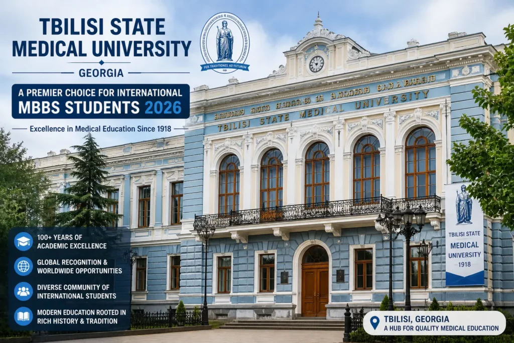 The historic facade of Tbilisi State Medical University in Georgia, a popular destination for international MBBS students in 2026.