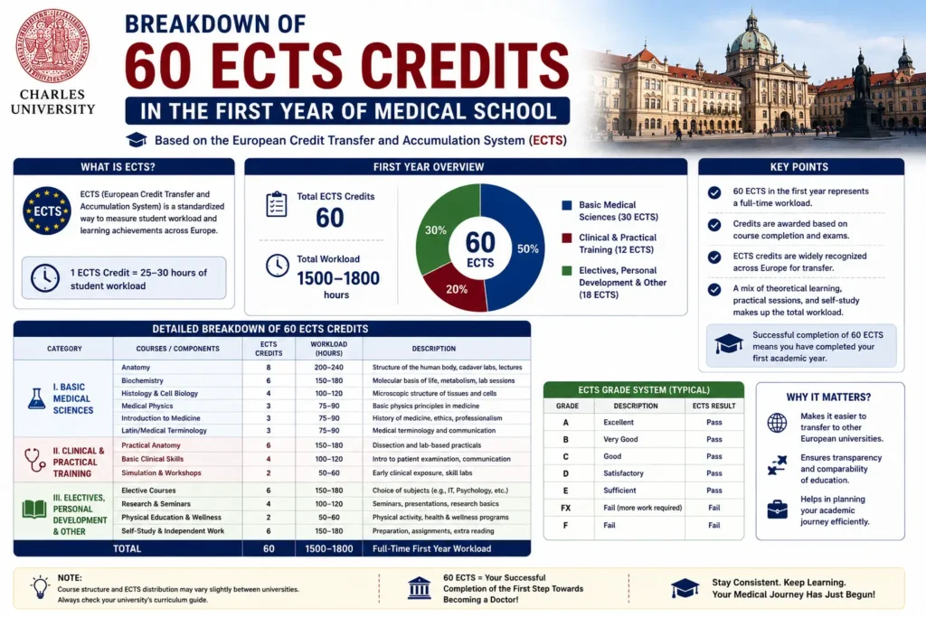 Breakdown of 60 ECTS credits in the first year of medical school